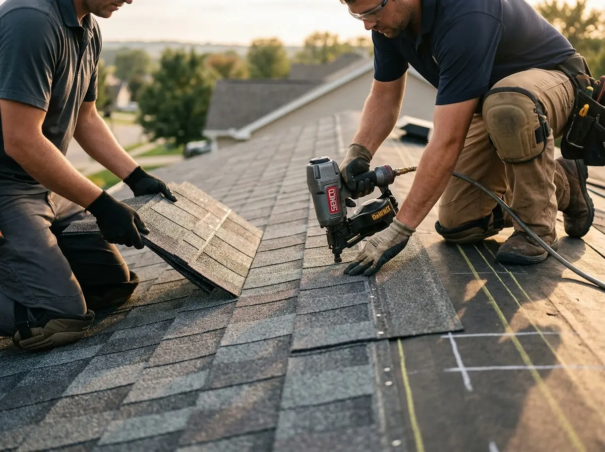 Professional roofer working on a residential roof in Laplace